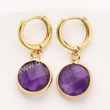 Gold Circle Round Natural Stone Faceted Hoop Earrings, Turquoise Gemstone Jewelry Earring ZG0529-1