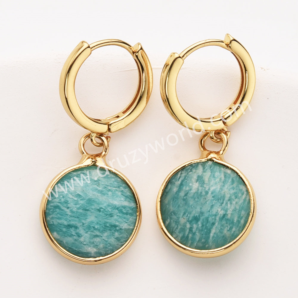 Gold Circle Round Natural Stone Faceted Hoop Earrings, Turquoise Gemstone Jewelry Earring ZG0529-1