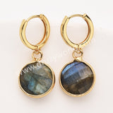 Gold Circle Round Natural Stone Faceted Hoop Earrings, Turquoise Gemstone Jewelry Earring ZG0529-1