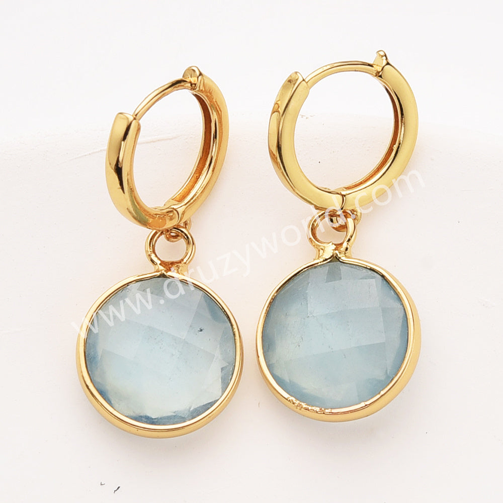 Gold Circle Round Natural Stone Faceted Hoop Earrings, Turquoise Gemstone Jewelry Earring ZG0529-1