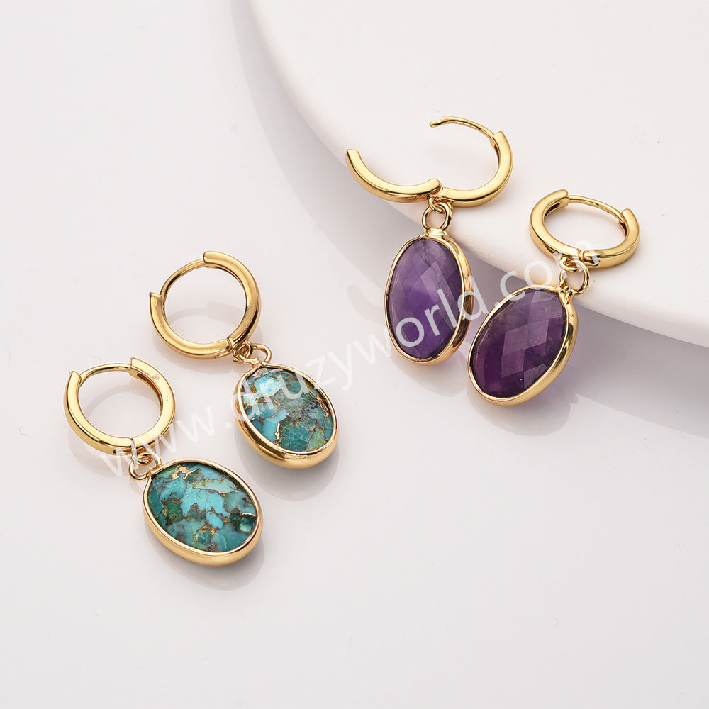 Gold Oval Birthstone Faceted Earrings, Copper Turquoise Aquamarine Jewelry Earring ZG0529-10