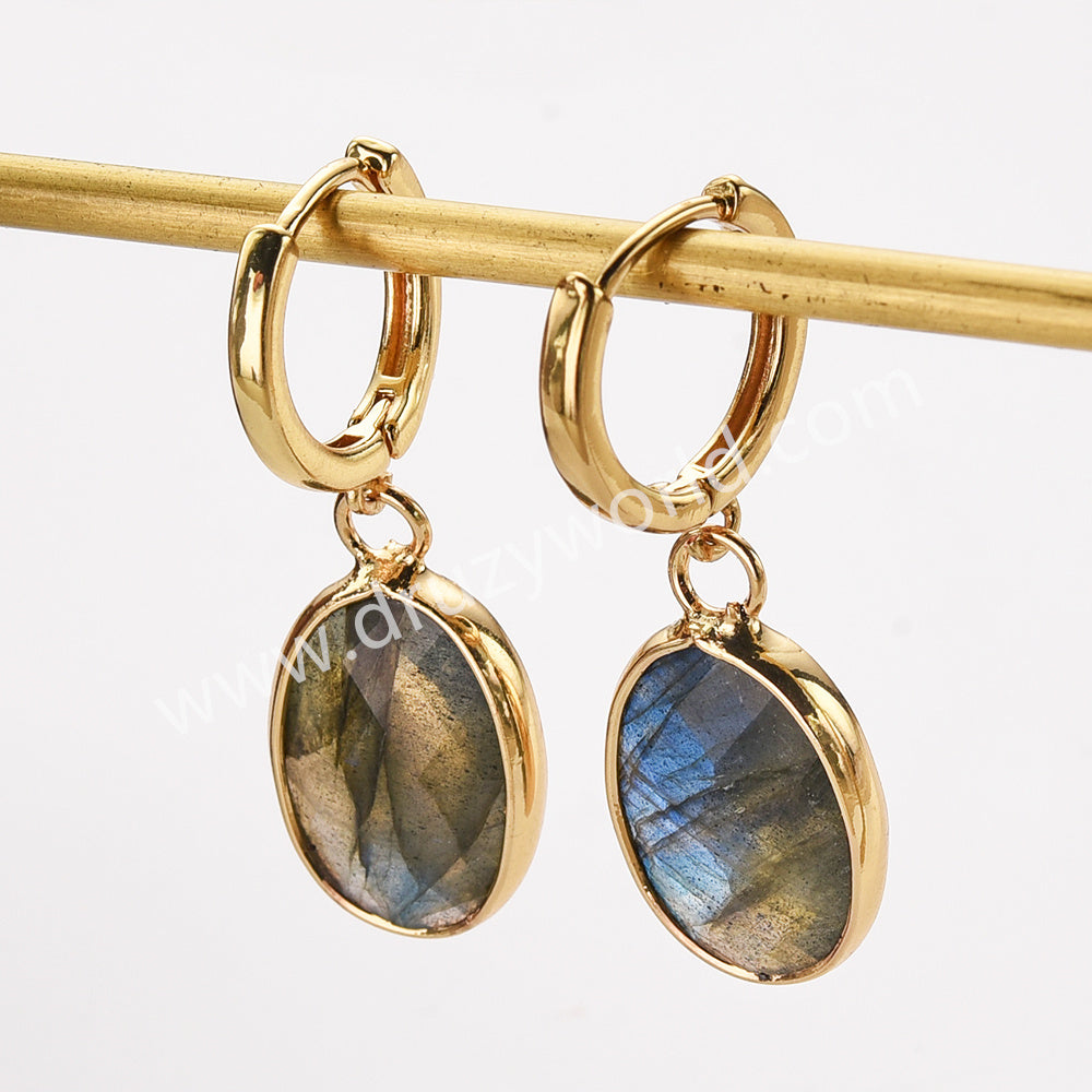 Gold Oval Birthstone Faceted Earrings, Copper Turquoise Aquamarine Jewelry Earring ZG0529-10