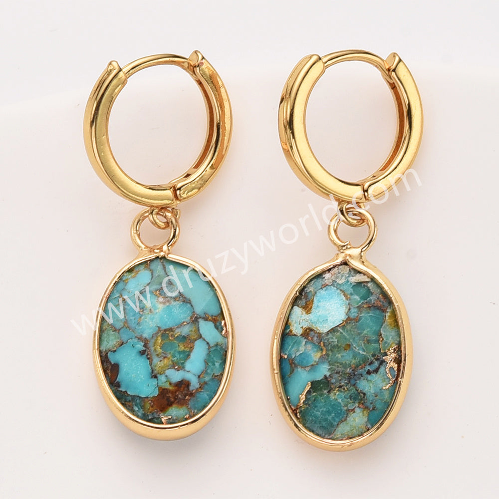 Gold Oval Birthstone Faceted Earrings, Copper Turquoise Aquamarine Jewelry Earring ZG0529-10