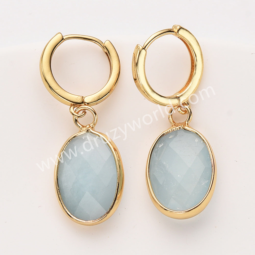 Gold Oval Birthstone Faceted Earrings, Copper Turquoise Aquamarine Jewelry Earring ZG0529-10