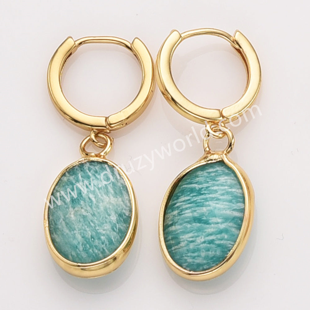 Gold Oval Birthstone Faceted Earrings, Copper Turquoise Aquamarine Jewelry Earring ZG0529-10