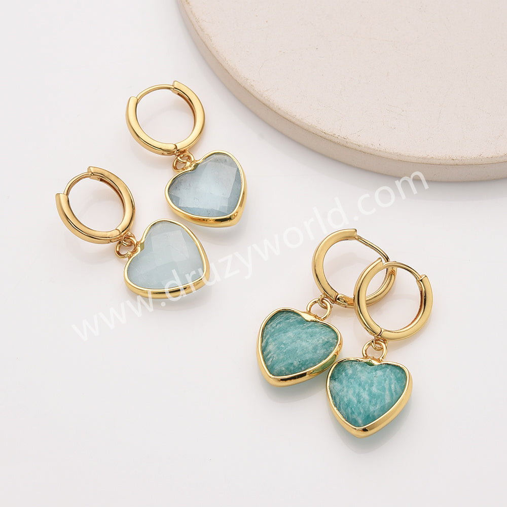 Gold Heart Natural Stone Faceted Earrings, Moonstone Gemstone Heart Jewelry Earring ZG0529-2