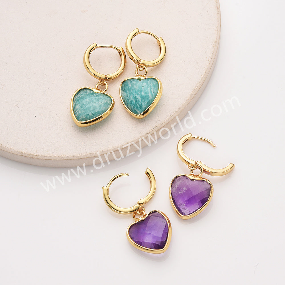 Gold Heart Natural Stone Faceted Earrings, Moonstone Gemstone Heart Jewelry Earring ZG0529-2