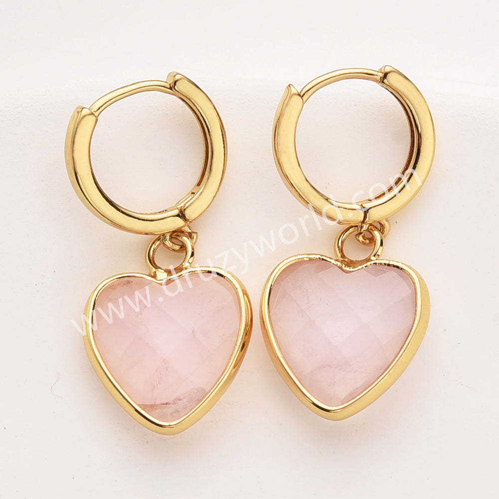 Gold Heart Natural Stone Faceted Earrings, Moonstone Gemstone Heart Jewelry Earring ZG0529-2