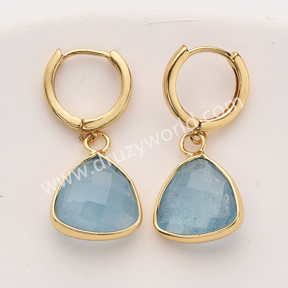 Gold Triangle Birthstone Faceted Earrings, Moonstone Aquamarine Crystals Jewelry Earring ZG0529-3