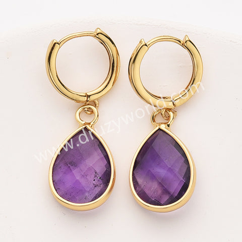 Gold Pear Birthstone Faceted Drop Earrings, Amethyst Moonstone Crystals Jewelry Earring ZG0529-4