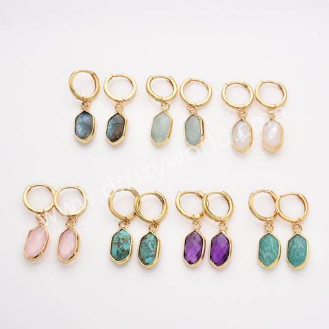 Small Long Hexagon Natural Stone Faceted Gold Plated Earrings, Gemstone Jewelry Earring ZG0529-5