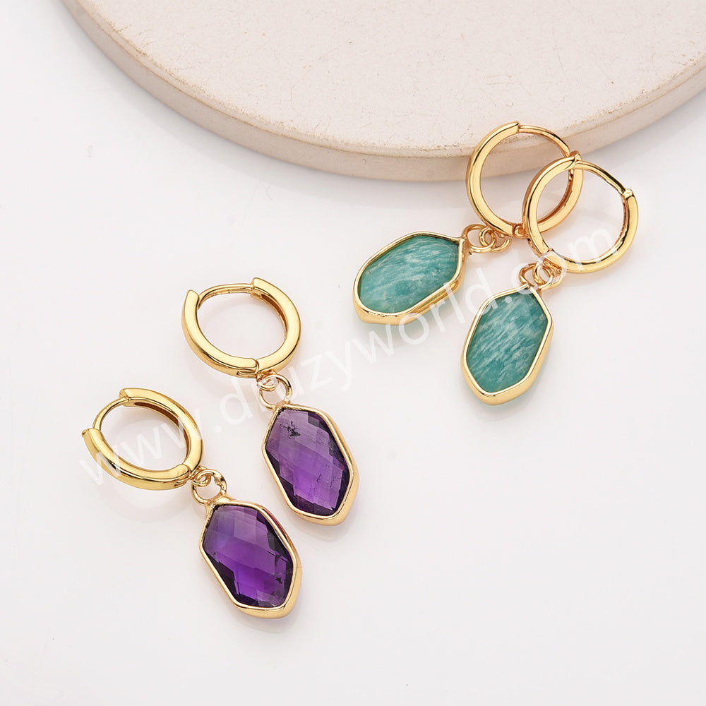 Long Hexagon Natural Stone Faceted Gold Plated Earrings, Gemstone Jewelry Earring ZG0529-5