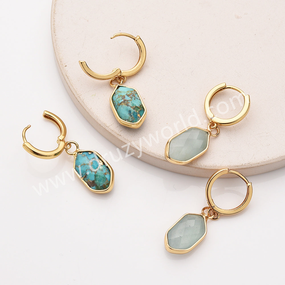 Long Hexagon Natural Stone Faceted Gold Plated Earrings, Gemstone Jewelry Earring ZG0529-5