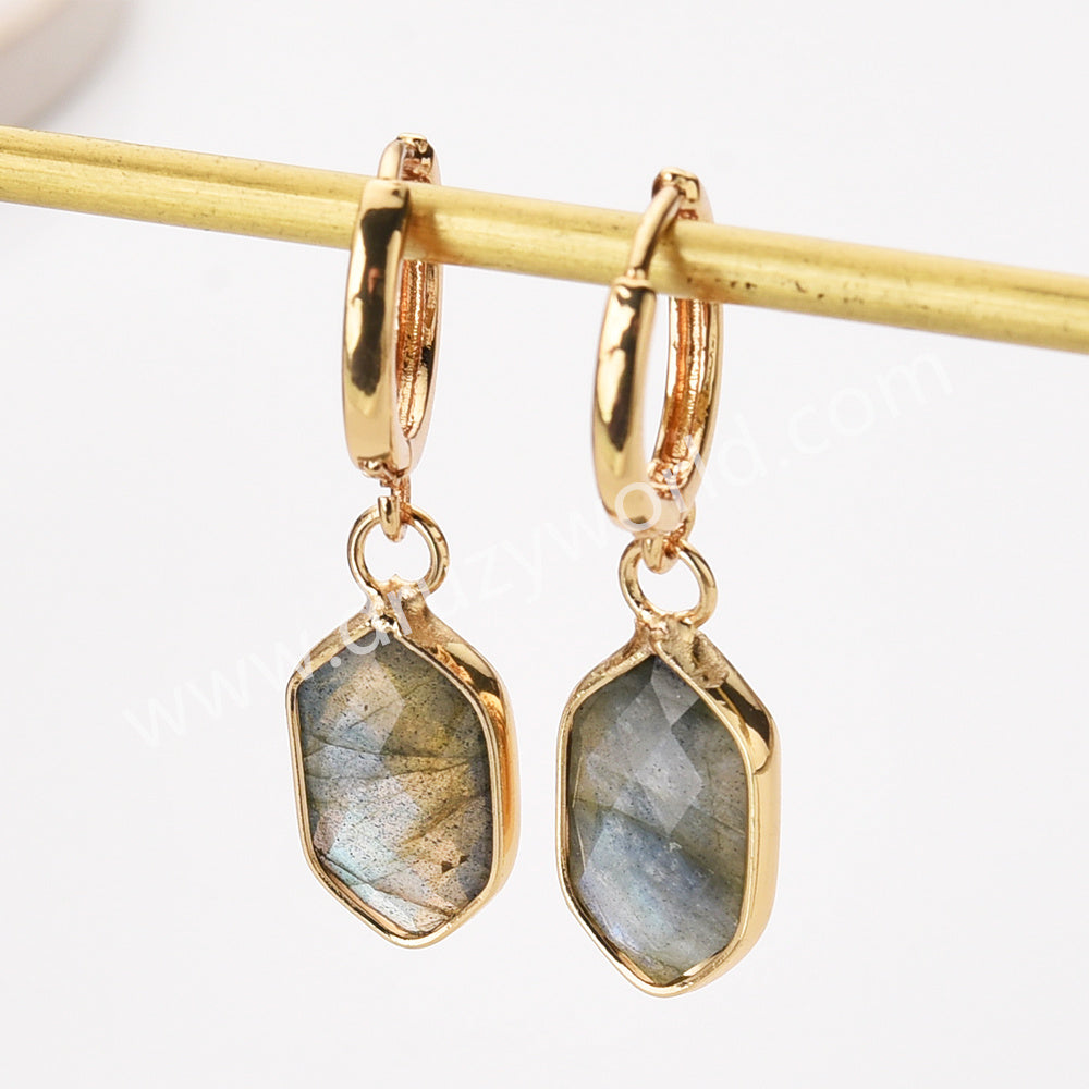 Long Hexagon Natural Stone Faceted Gold Plated Earrings, Gemstone Jewelry Earring ZG0529-5