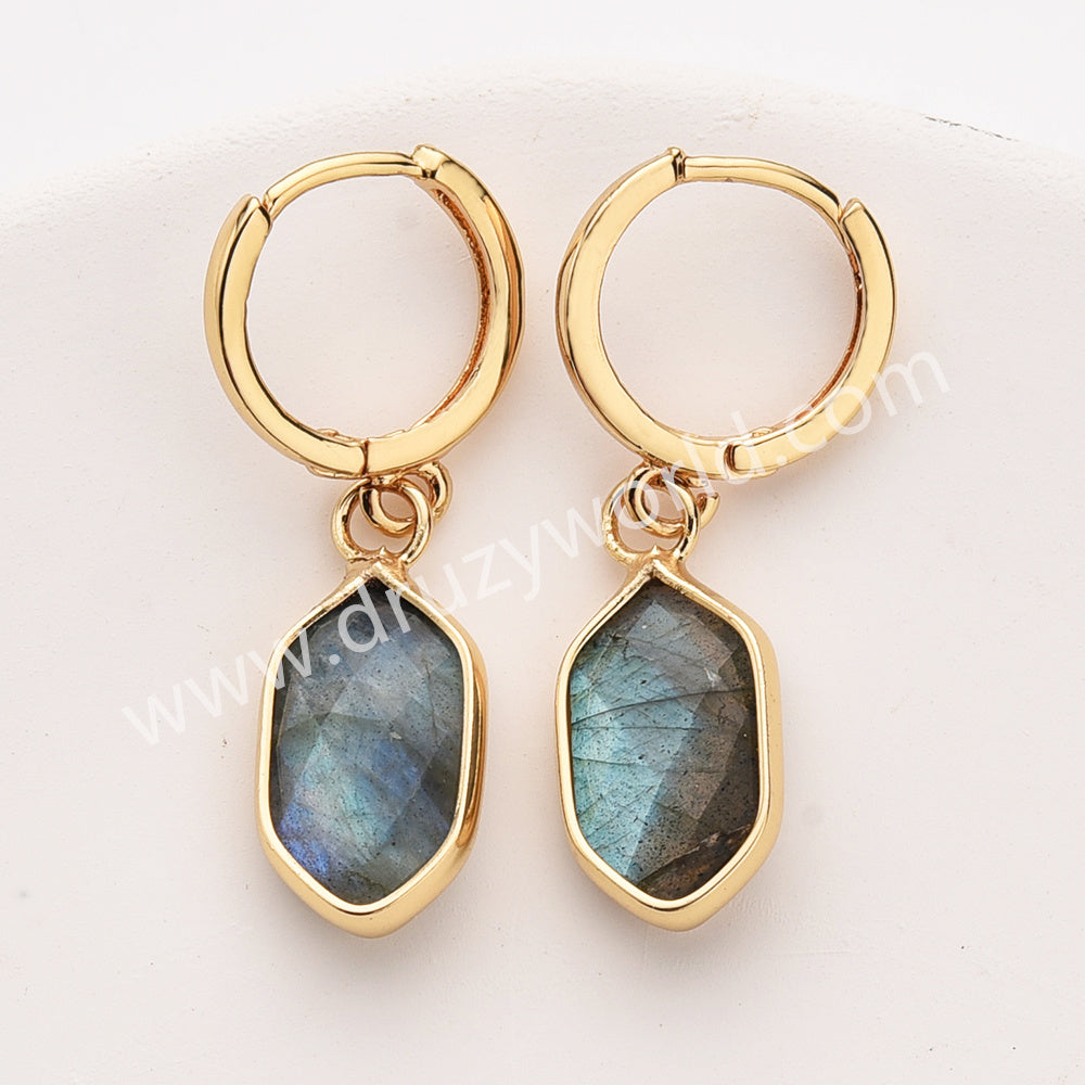 Long Hexagon Natural Stone Faceted Gold Plated Earrings, Gemstone Jewelry Earring ZG0529-5