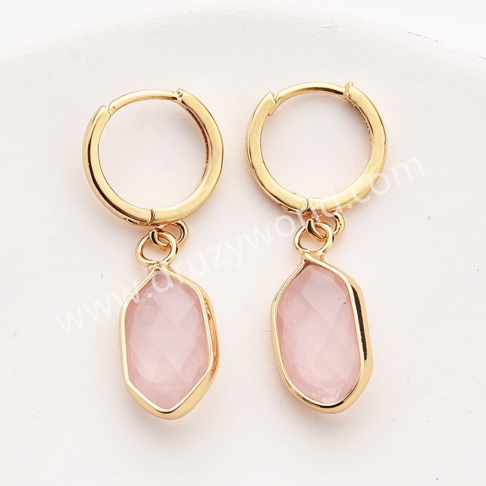 Long Hexagon Natural Stone Faceted Gold Plated Earrings, Gemstone Jewelry Earring ZG0529-5