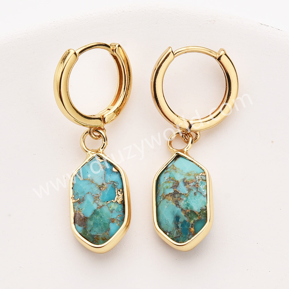 Long Hexagon Natural Stone Faceted Gold Plated Earrings, Gemstone Jewelry Earring ZG0529-5