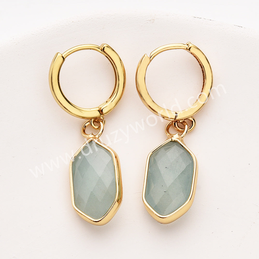 Long Hexagon Natural Stone Faceted Gold Plated Earrings, Gemstone Jewelry Earring ZG0529-5