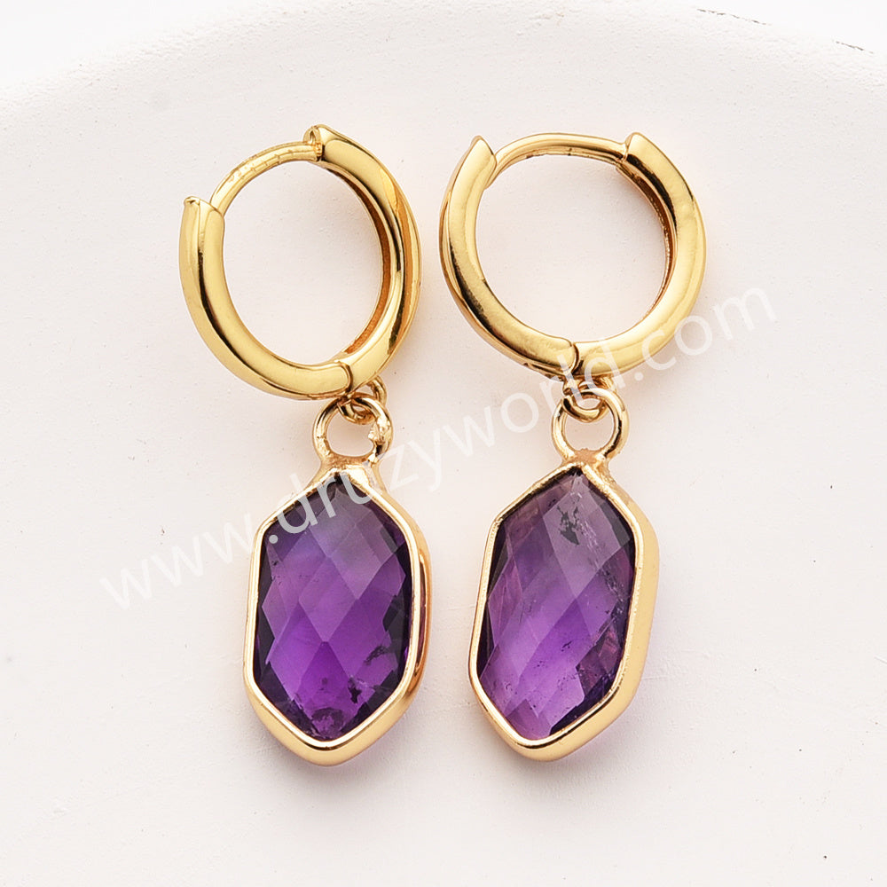 Long Hexagon Natural Stone Faceted Gold Plated Earrings, Gemstone Jewelry Earring ZG0529-5