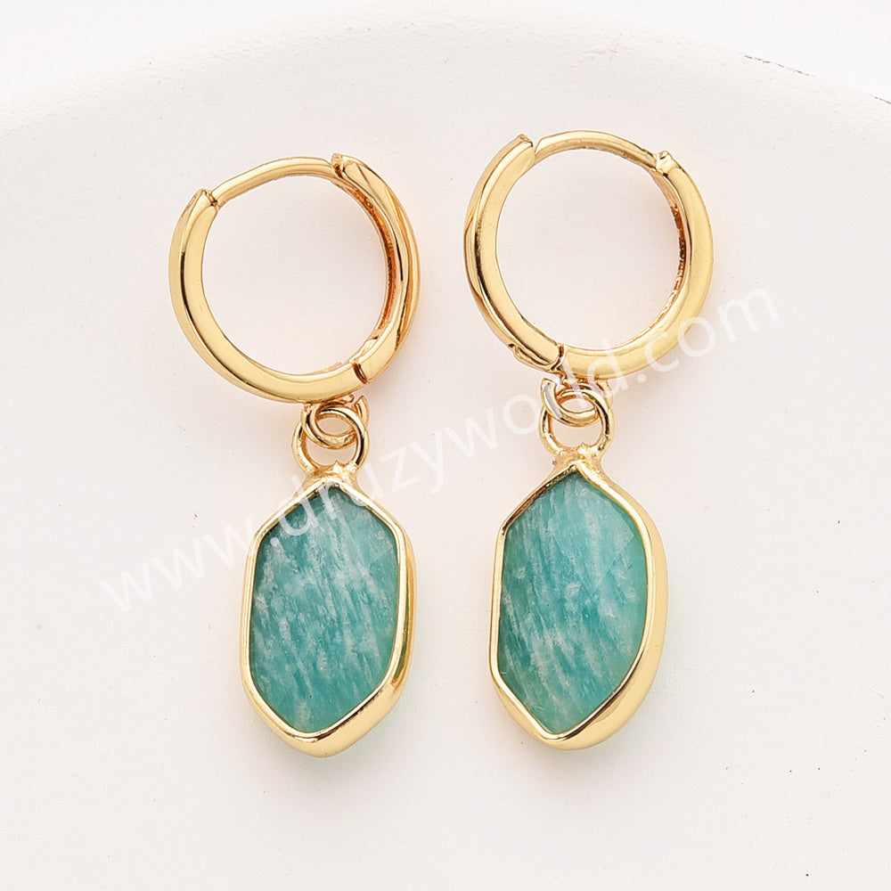 Long Hexagon Natural Stone Faceted Gold Plated Earrings, Gemstone Jewelry Earring ZG0529-5