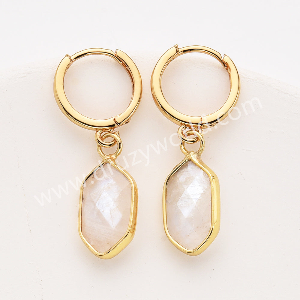 Long Hexagon Natural Stone Faceted Gold Plated Earrings, Gemstone Jewelry Earring ZG0529-5