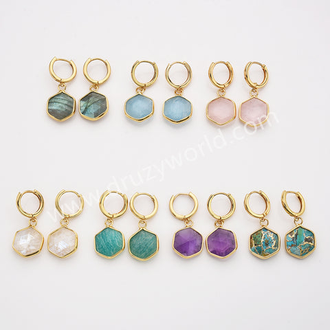 Gold Hexagon Natural Crystals Stones Faceted Earrings, Copper Turquoise Gemstone Jewelry Earring ZG0529-6