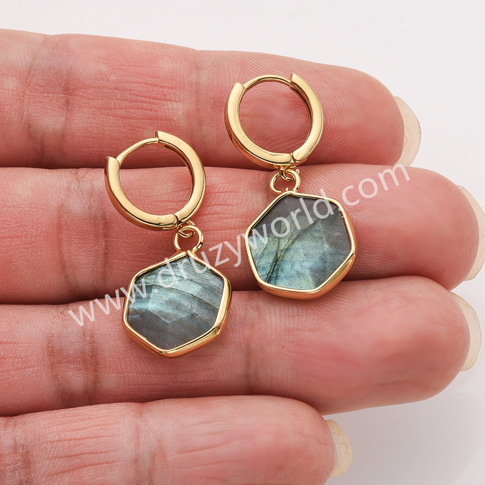 Gold Hexagon Natural Crystals Stones Faceted Earrings, Copper Turquoise Gemstone Jewelry Earring ZG0529-6