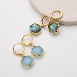 Gold Hexagon Natural Crystals Stones Faceted Earrings, Copper Turquoise Gemstone Jewelry Earring ZG0529-6