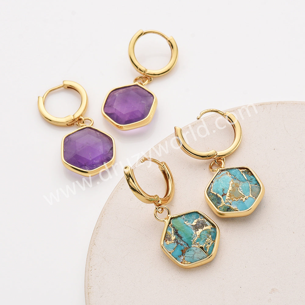 Gold Hexagon Natural Crystals Stones Faceted Earrings, Copper Turquoise Gemstone Jewelry Earring ZG0529-6