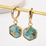 Gold Hexagon Natural Crystals Stones Faceted Earrings, Copper Turquoise Gemstone Jewelry Earring ZG0529-6