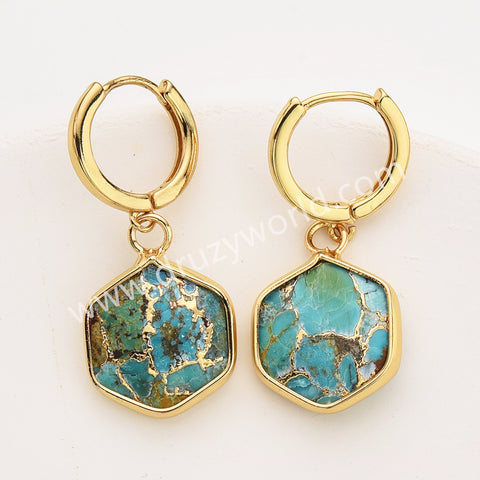 Gold Hexagon Natural Crystals Stones Faceted Earrings, Copper Turquoise Gemstone Jewelry Earring ZG0529-6