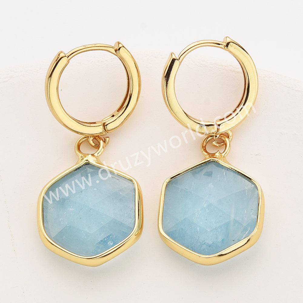 Gold Hexagon Natural Crystals Stones Faceted Earrings, Copper Turquoise Gemstone Jewelry Earring ZG0529-6