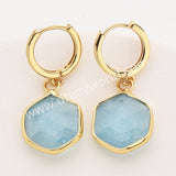 Gold Hexagon Natural Crystals Stones Faceted Earrings, Copper Turquoise Gemstone Jewelry Earring ZG0529-6