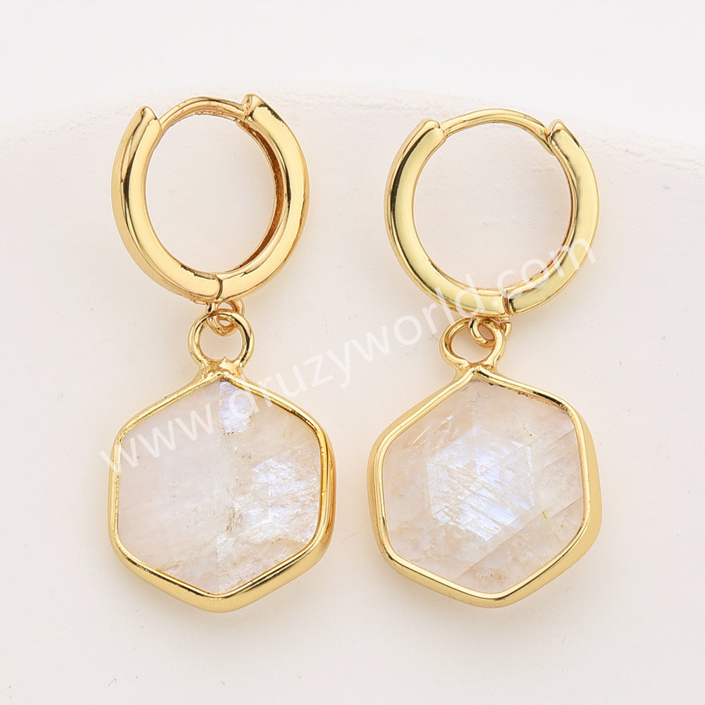 Gold Hexagon Natural Crystals Stones Faceted Earrings, Copper Turquoise Gemstone Jewelry Earring ZG0529-6