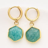 Gold Hexagon Natural Crystals Stones Faceted Earrings, Copper Turquoise Gemstone Jewelry Earring ZG0529-6