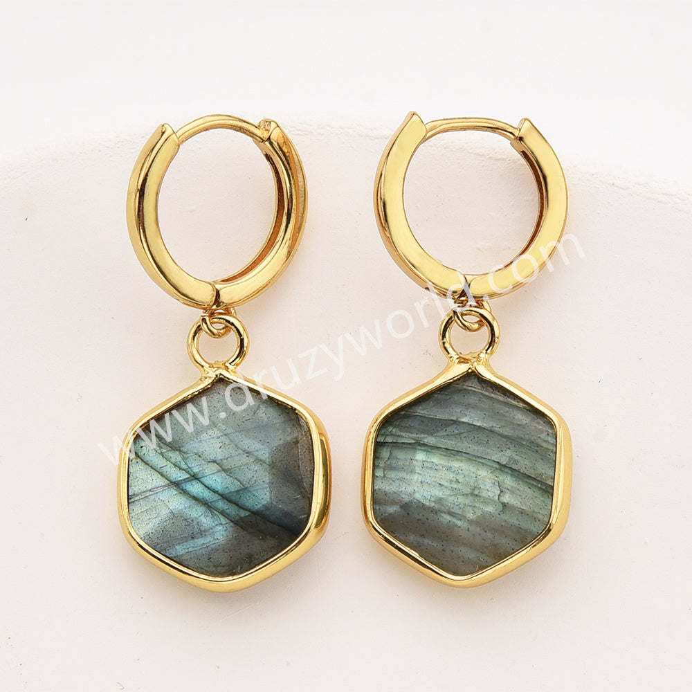 Gold Hexagon Natural Crystals Stones Faceted Earrings, Copper Turquoise Gemstone Jewelry Earring ZG0529-6