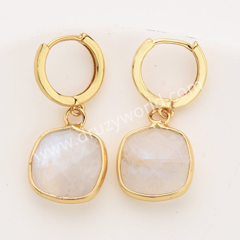 Gold Square Multi Natural Stones Faceted Earrings, Moonstone Labradorite Crystals Jewelry Earring ZG0529-7