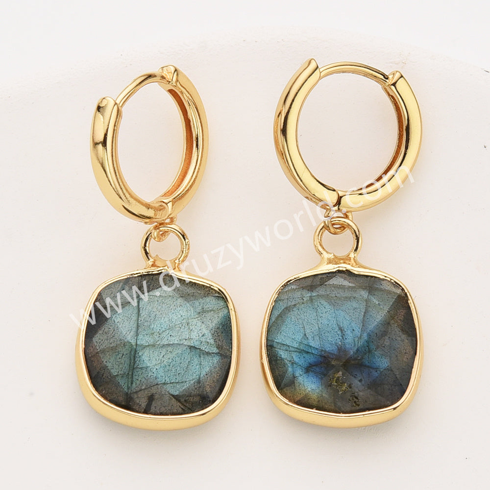 Gold Square Multi Natural Stones Faceted Earrings, Moonstone Labradorite Crystals Jewelry Earring ZG0529-7