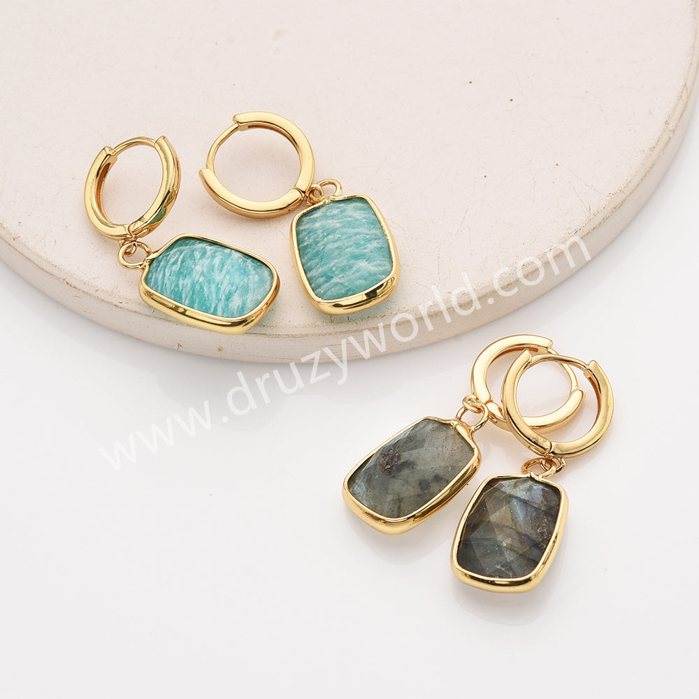 Gold Rectangle Birthstone Faceted Earrings, Amazonite Rose Quartz Crystals Jewelry Earring ZG0529-8