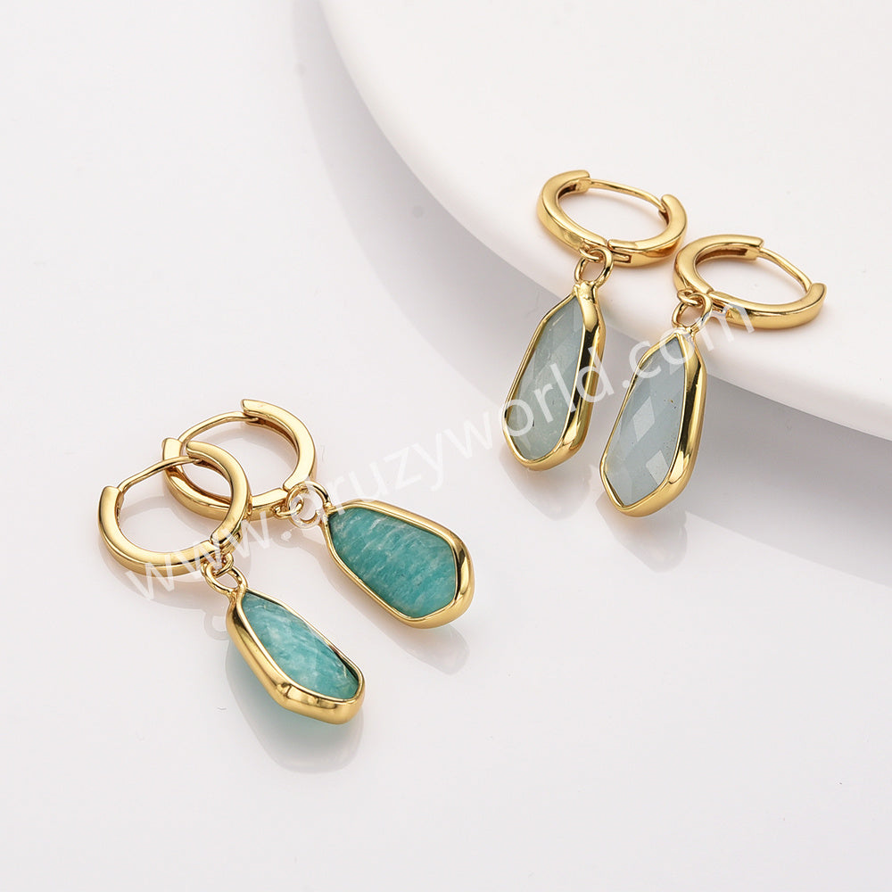 Gold Small Hexagon Natural Crystals Stones Faceted Drop Earrings, Amazonite Moonstone Gemstone Jewelry Earring ZG0529-9