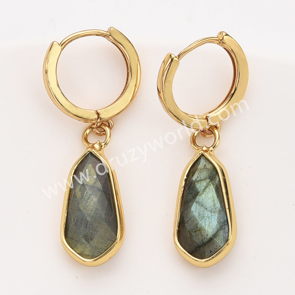 Gold Small Hexagon Natural Crystals Stones Faceted Drop Earrings, Amazonite Moonstone Gemstone Jewelry Earring ZG0529-9