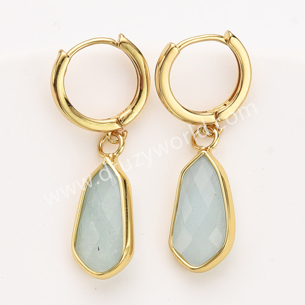 Gold Small Hexagon Natural Crystals Stones Faceted Drop Earrings, Amazonite Moonstone Gemstone Jewelry Earring ZG0529-9