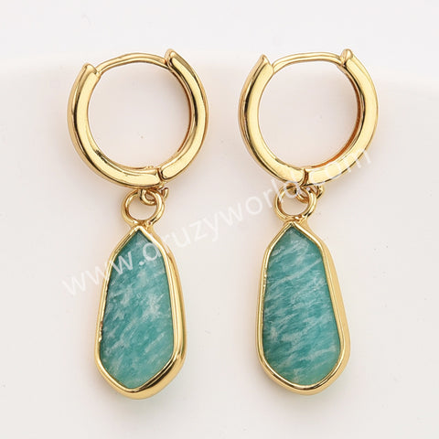 Gold Small Hexagon Natural Crystals Stones Faceted Drop Earrings, Amazonite Moonstone Gemstone Jewelry Earring ZG0529-9