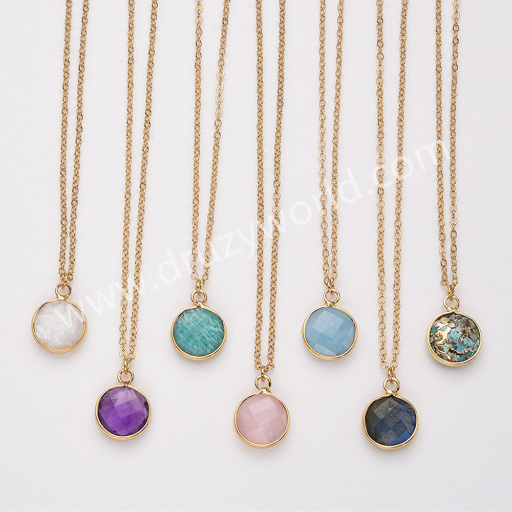 18" Gold Plated Circle Round Natural Stone Faceted Necklace, Gemstone Jewelry Necklace ZG0530-1