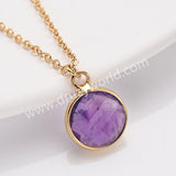 18" Gold Plated Circle Round Natural Stone Faceted Necklace, Gemstone Jewelry Necklace ZG0530-1