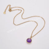 18" Gold Plated Circle Round Natural Stone Faceted Necklace, Gemstone Jewelry Necklace ZG0530-1