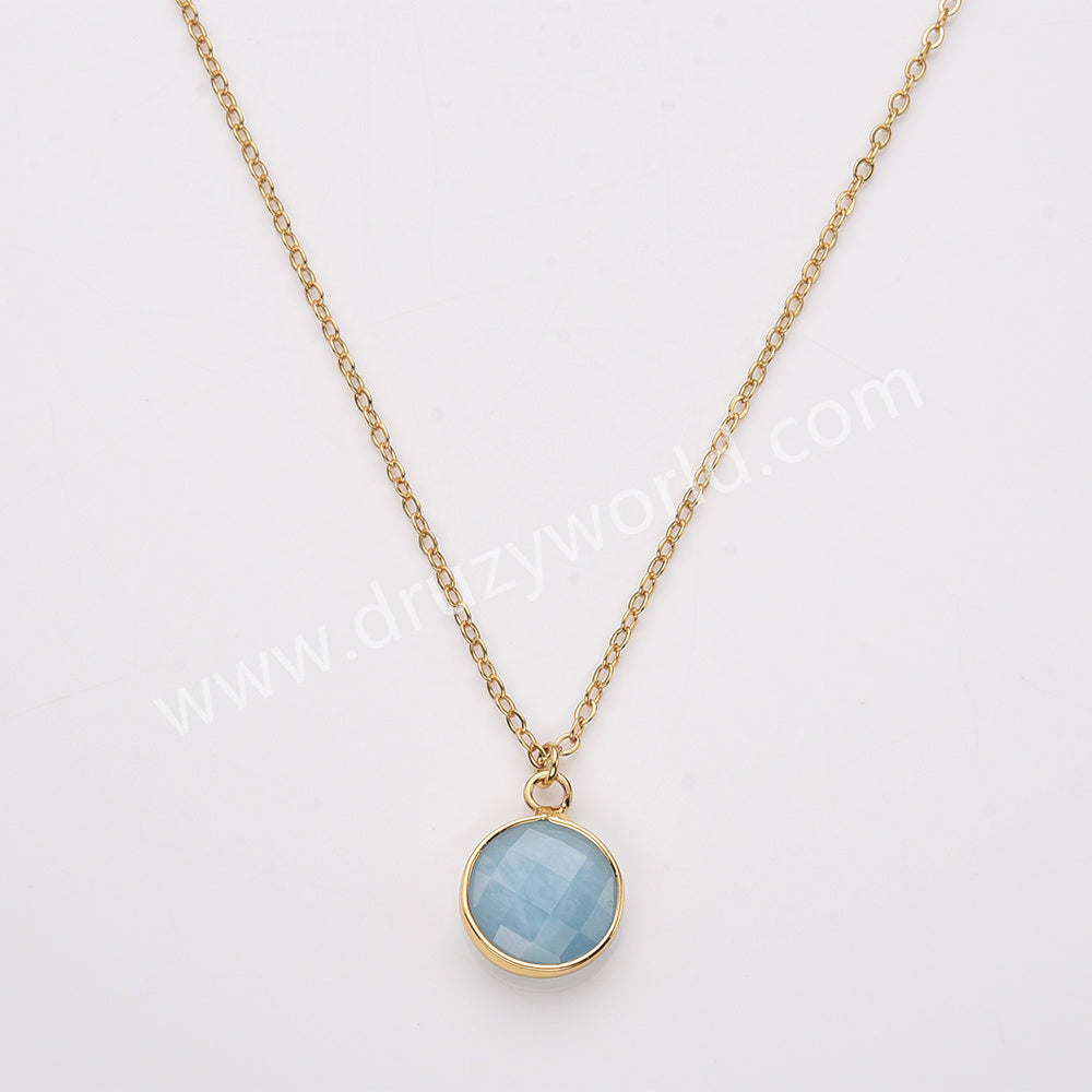 18" Gold Plated Circle Round Natural Stone Faceted Necklace, Gemstone Jewelry Necklace ZG0530-1