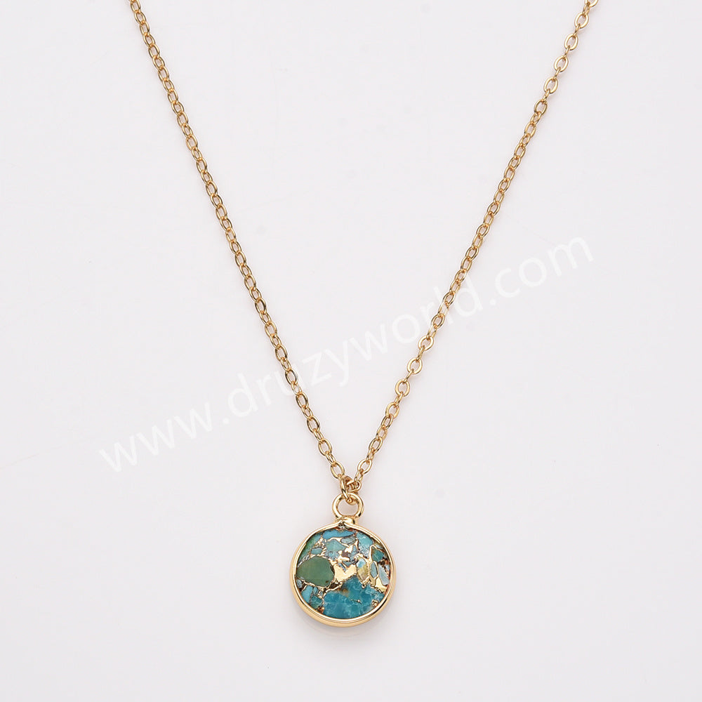 18" Gold Plated Circle Round Natural Stone Faceted Necklace, Gemstone Jewelry Necklace ZG0530-1