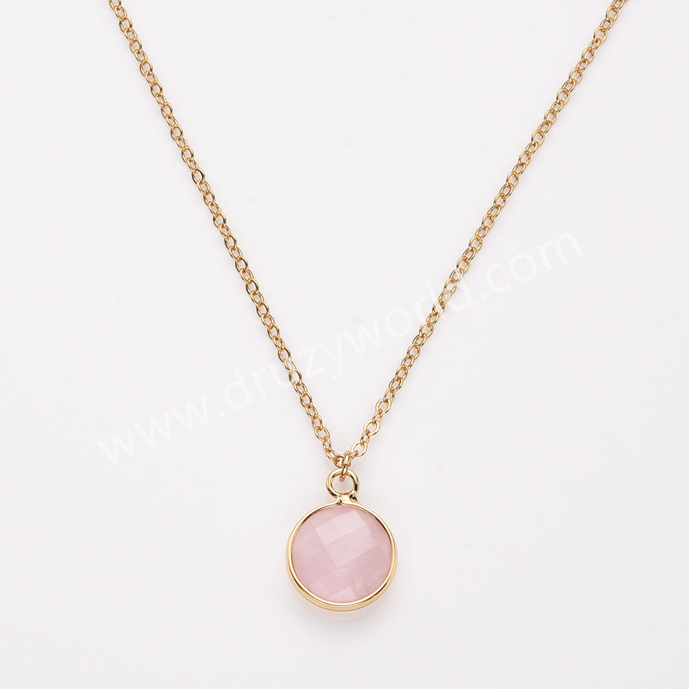 18" Gold Plated Circle Round Natural Stone Faceted Necklace, Gemstone Jewelry Necklace ZG0530-1