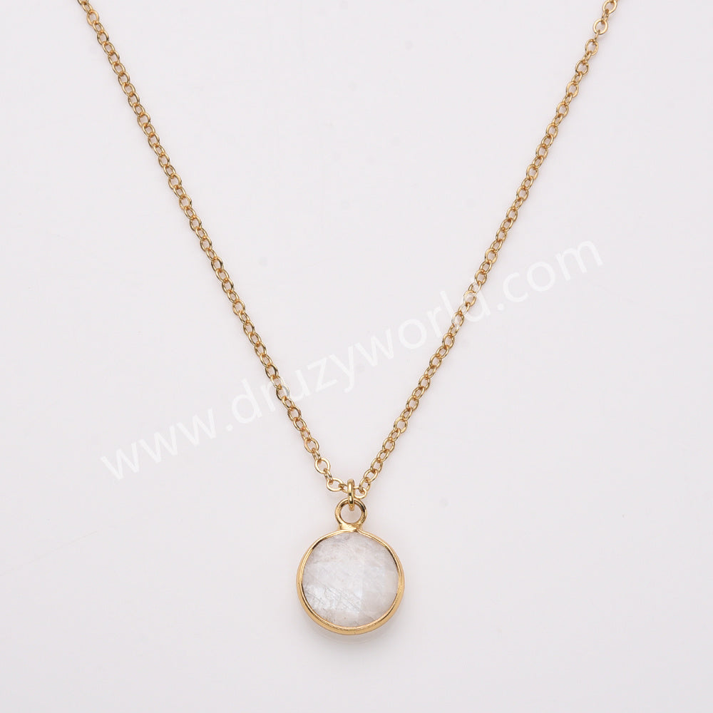 18" Gold Plated Circle Round Natural Stone Faceted Necklace, Gemstone Jewelry Necklace ZG0530-1